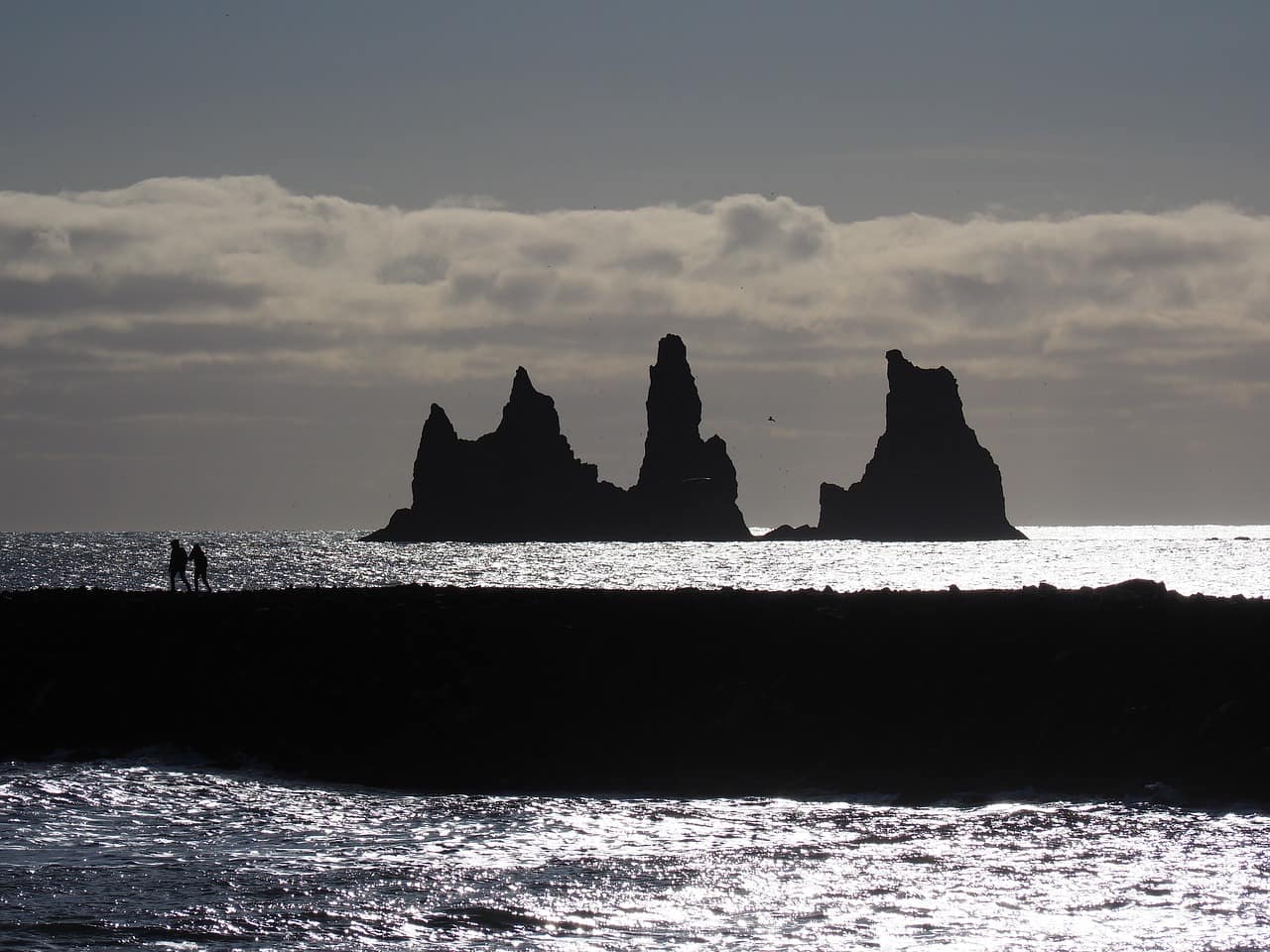 Reynisdrangar sea stacks off the black sand beach at Vik