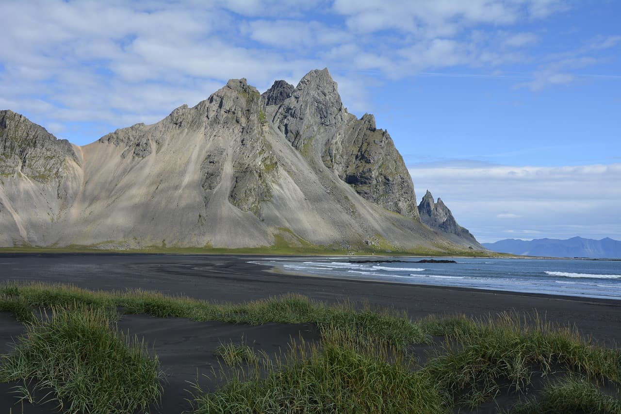 Vestrahorn mountain rising behind the black dunes near Hofn