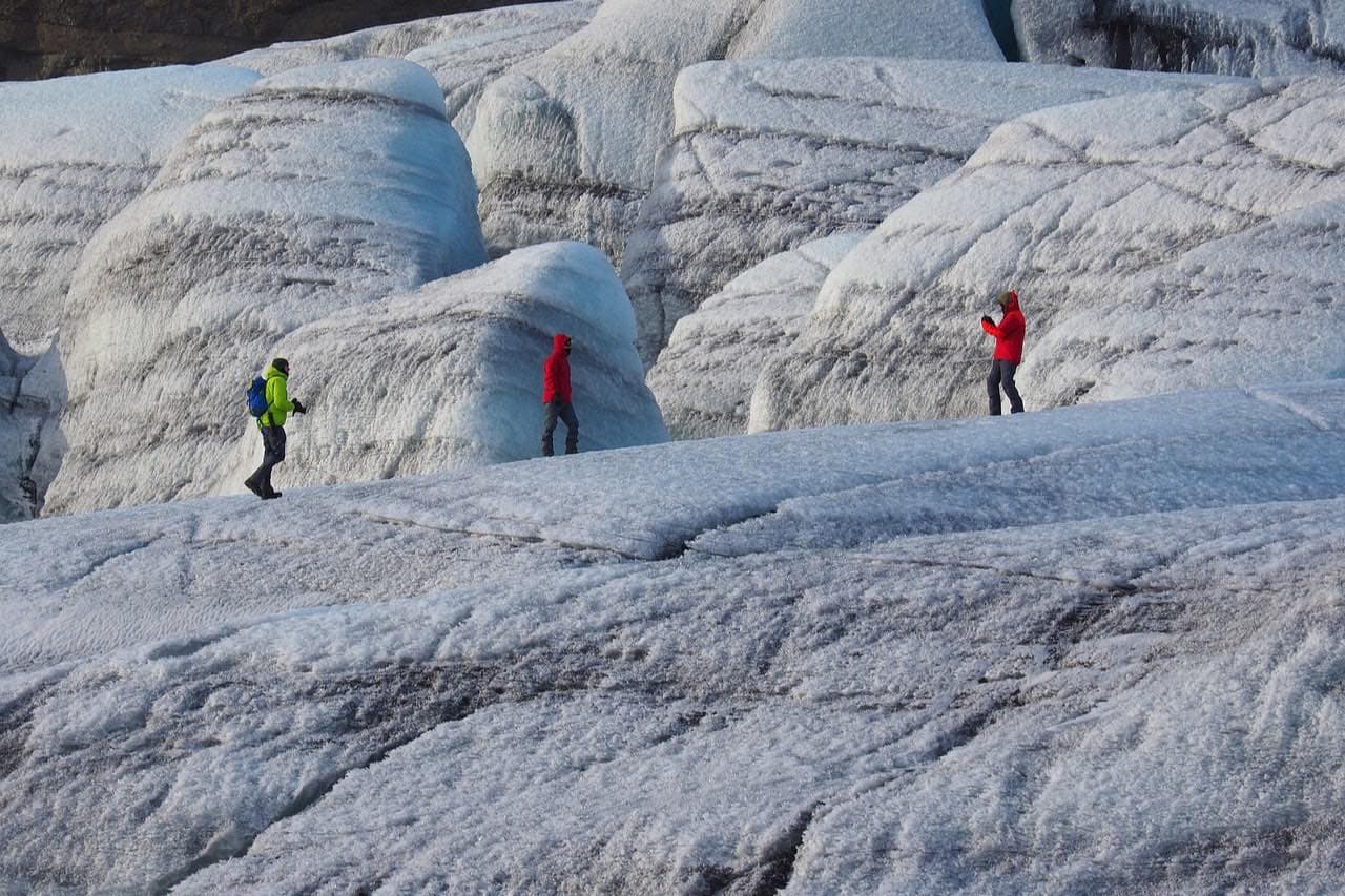 Hikers in crampons crossing a crevassed glacier tongue in Iceland