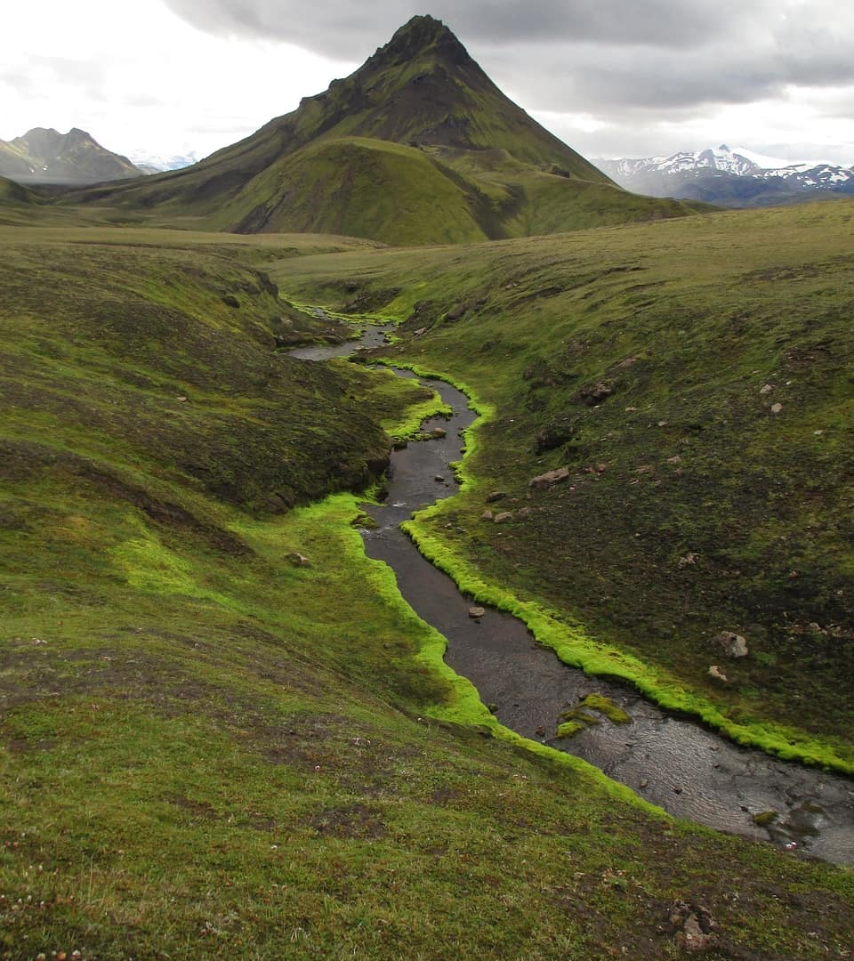Hikers crossing the Laugavegur trail in the Icelandic highlands