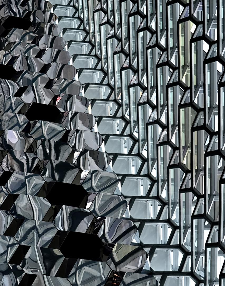 Harpa concert hall glass facade on the Reykjavik waterfront
