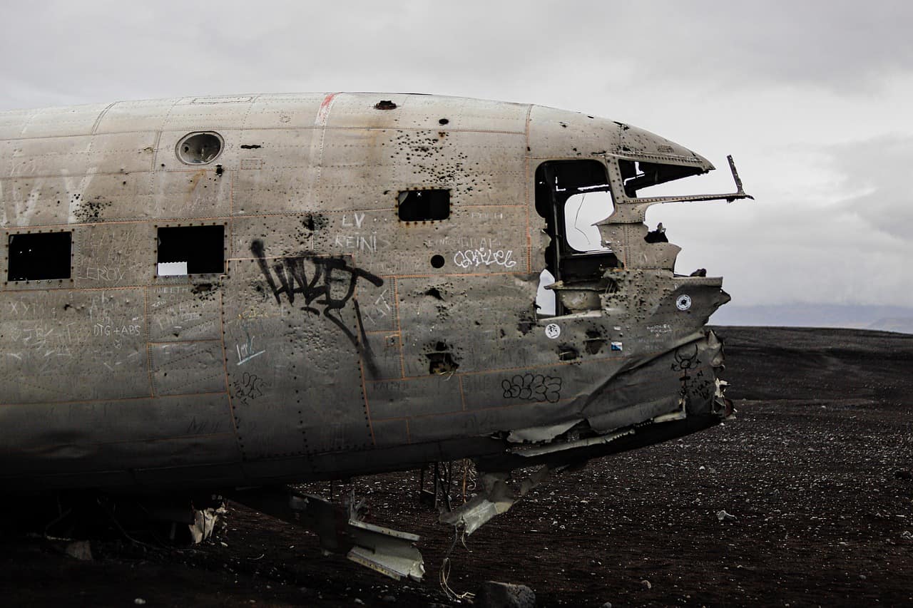 The abandoned DC-3 plane wreck on Solheimasandur black sand